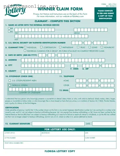 Florida Lottery Claim Template