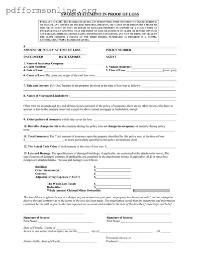 Florida Proof Loss Template