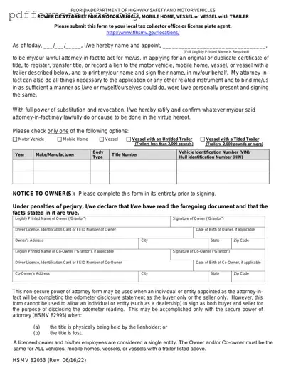 Florida Vehicle POA form 82053 Template