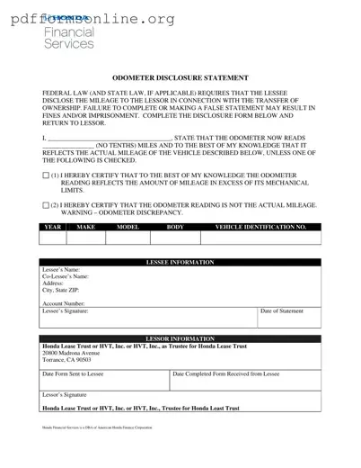 Honda Odometer Statement Template