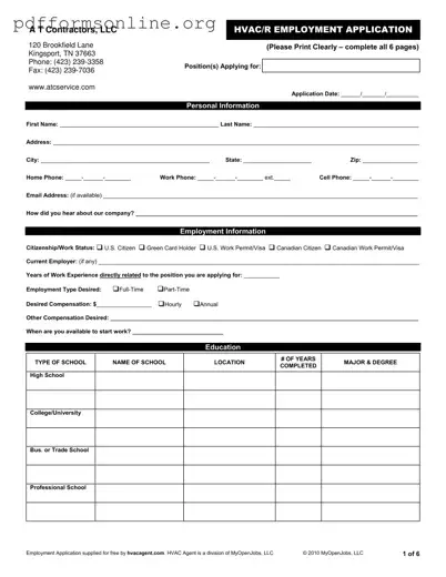 Hvac Job Application Template