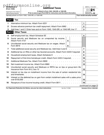 IRS Schedule 2 1040 or 1040-SR Template