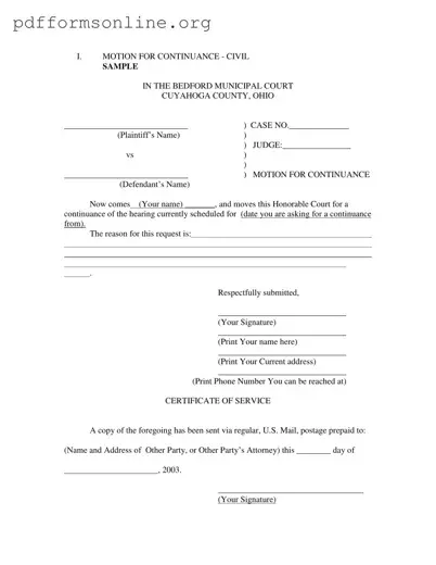 Motion For Continuance Template