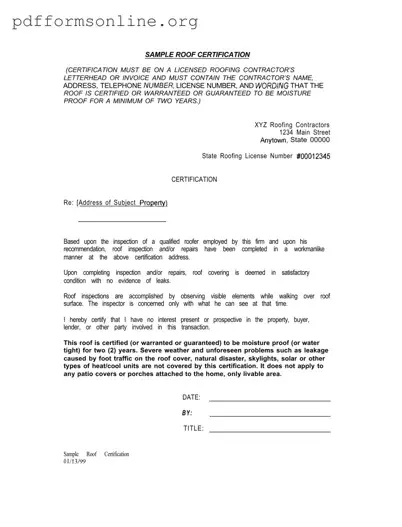 Sample Roof Certification Template