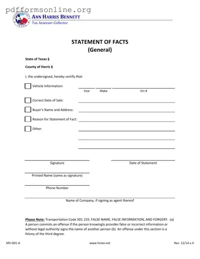 Statement Of Fact Texas Template