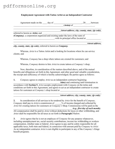 Tattoo Shop Artist Agreement Template