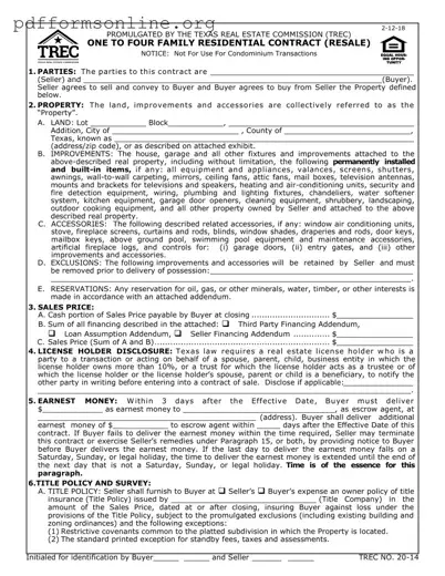 TREC One to four family residential contract Template