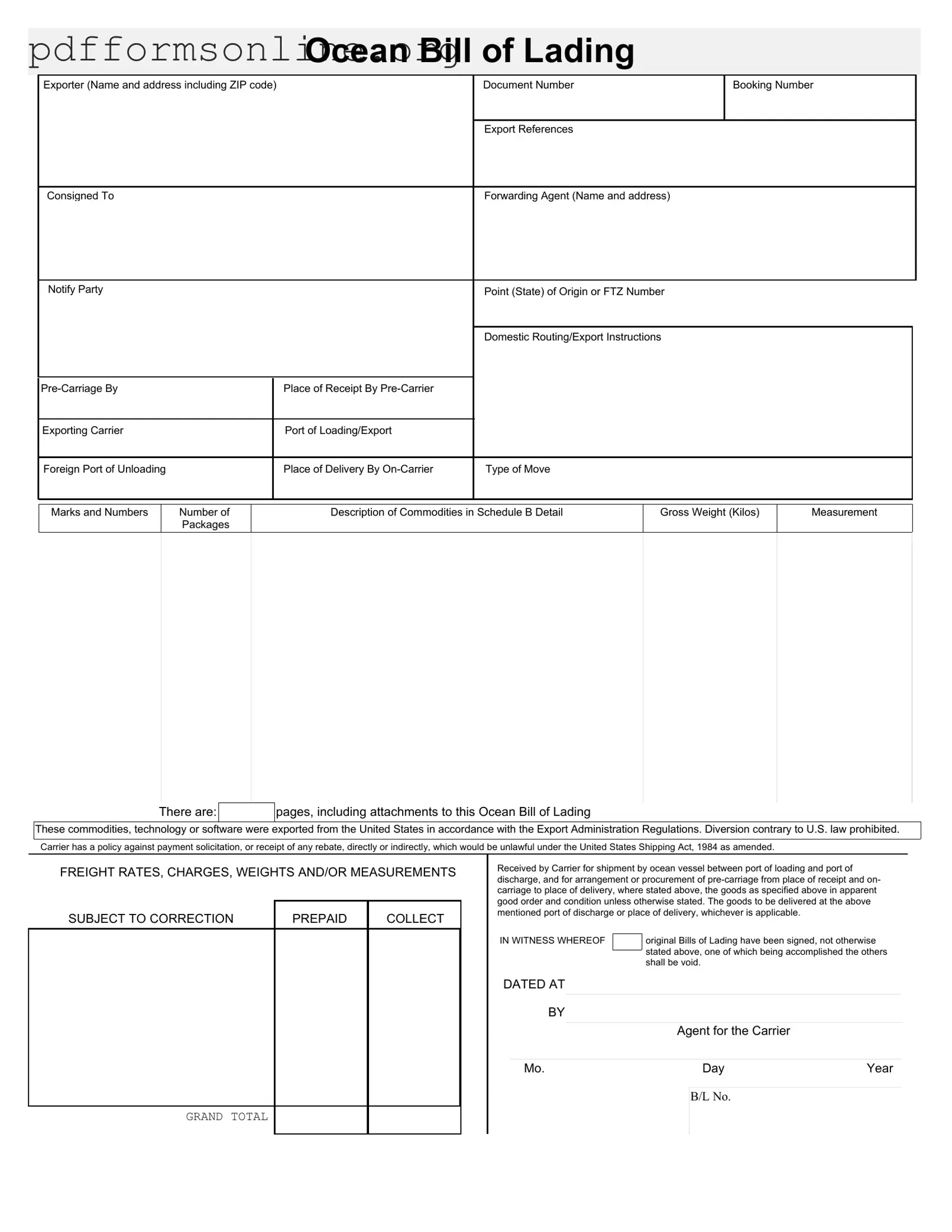 Sample Ocean Bill Of Lading Template