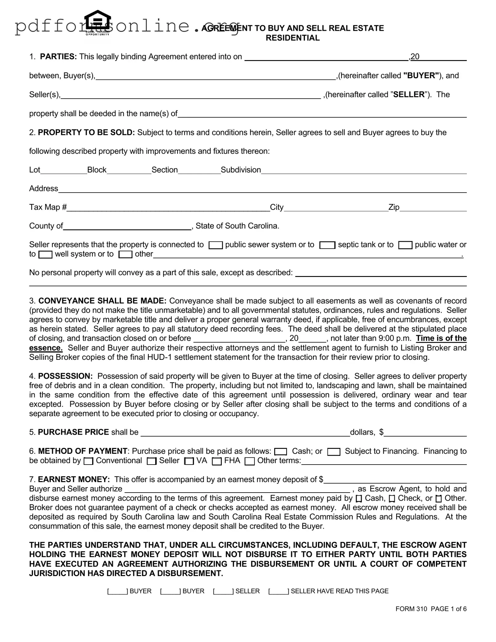 South Carolina Real Estate Contract 310 Template