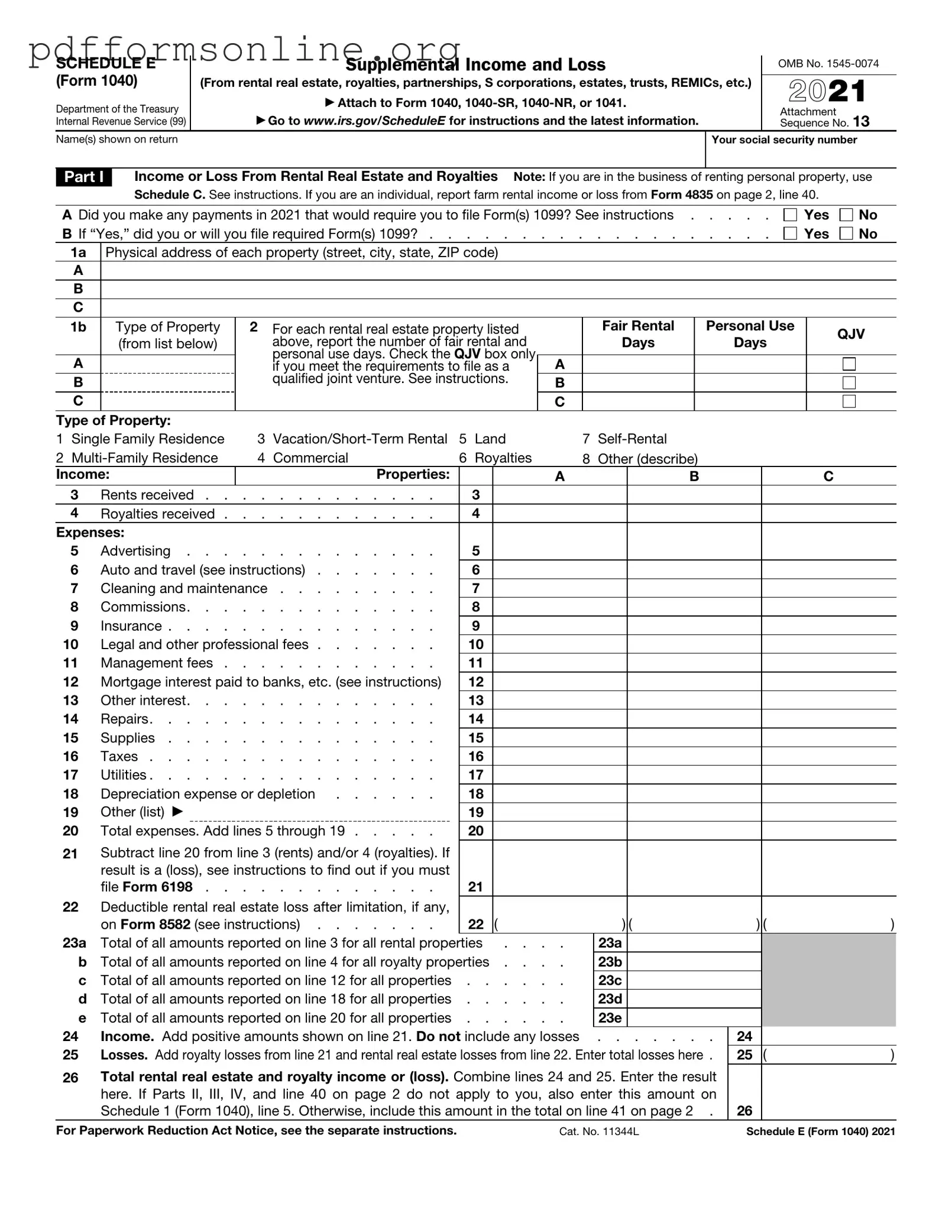 IRS Schedule E 1040 Template