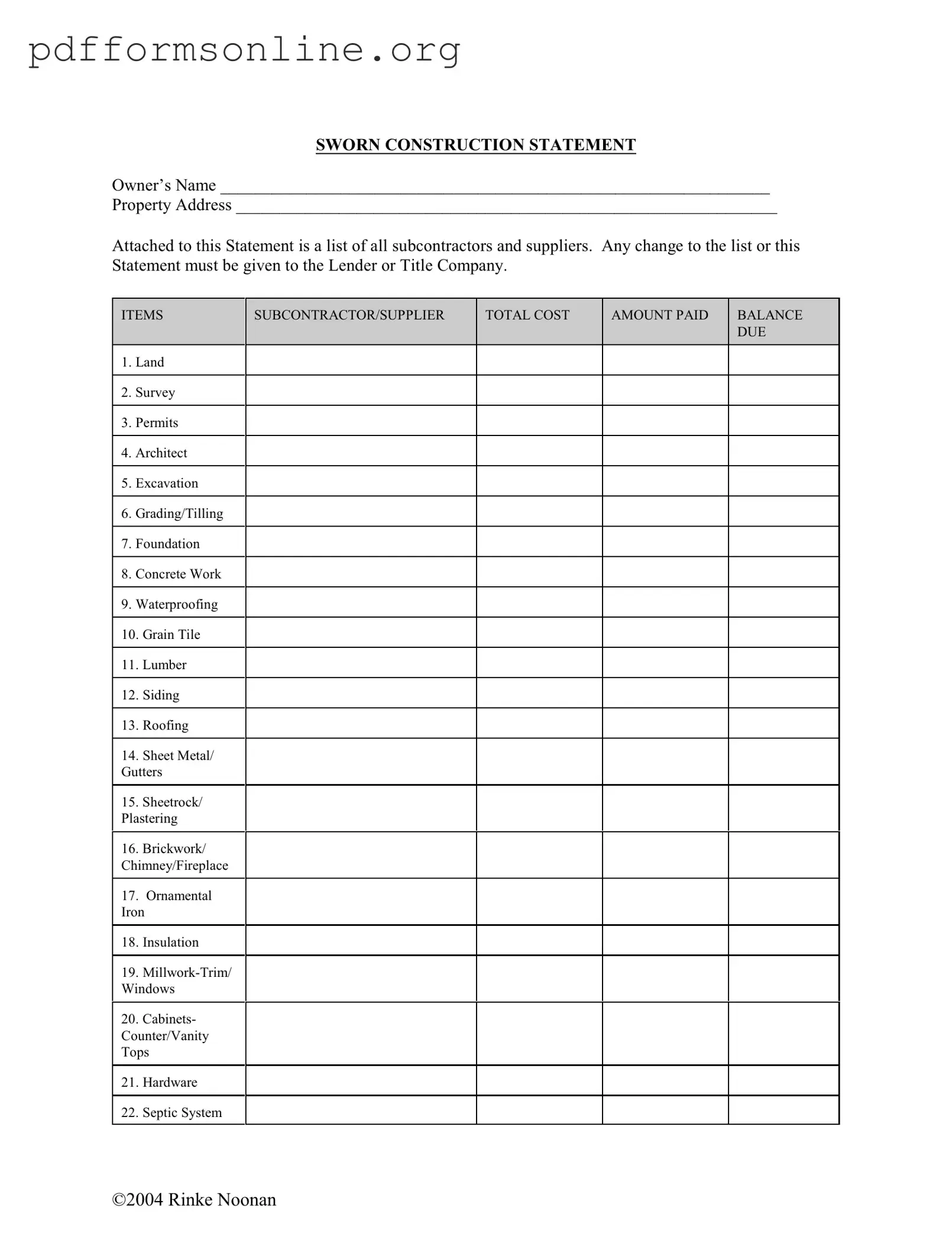 Sworn Construction Statement Template
