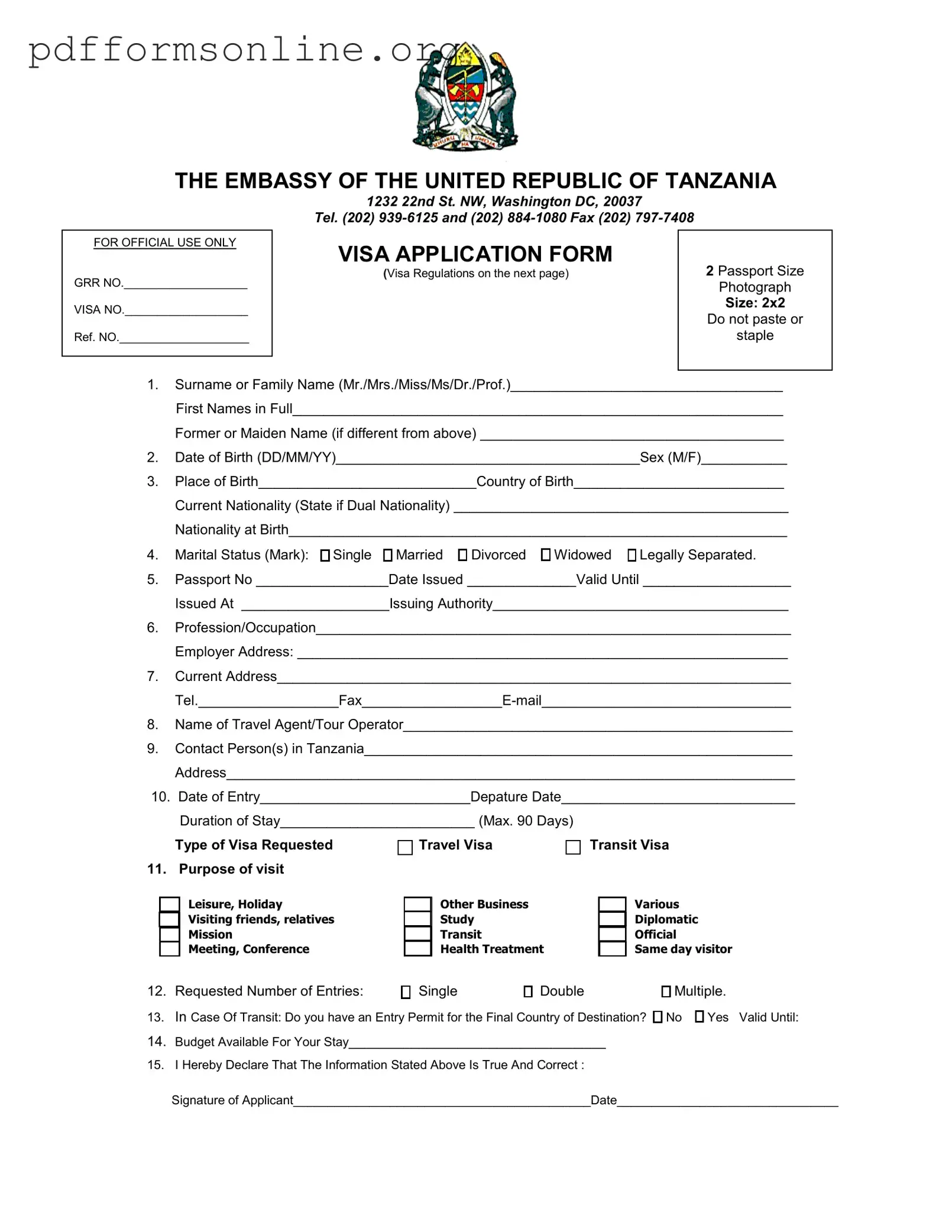 Tanzania Visa Applicaiton Template