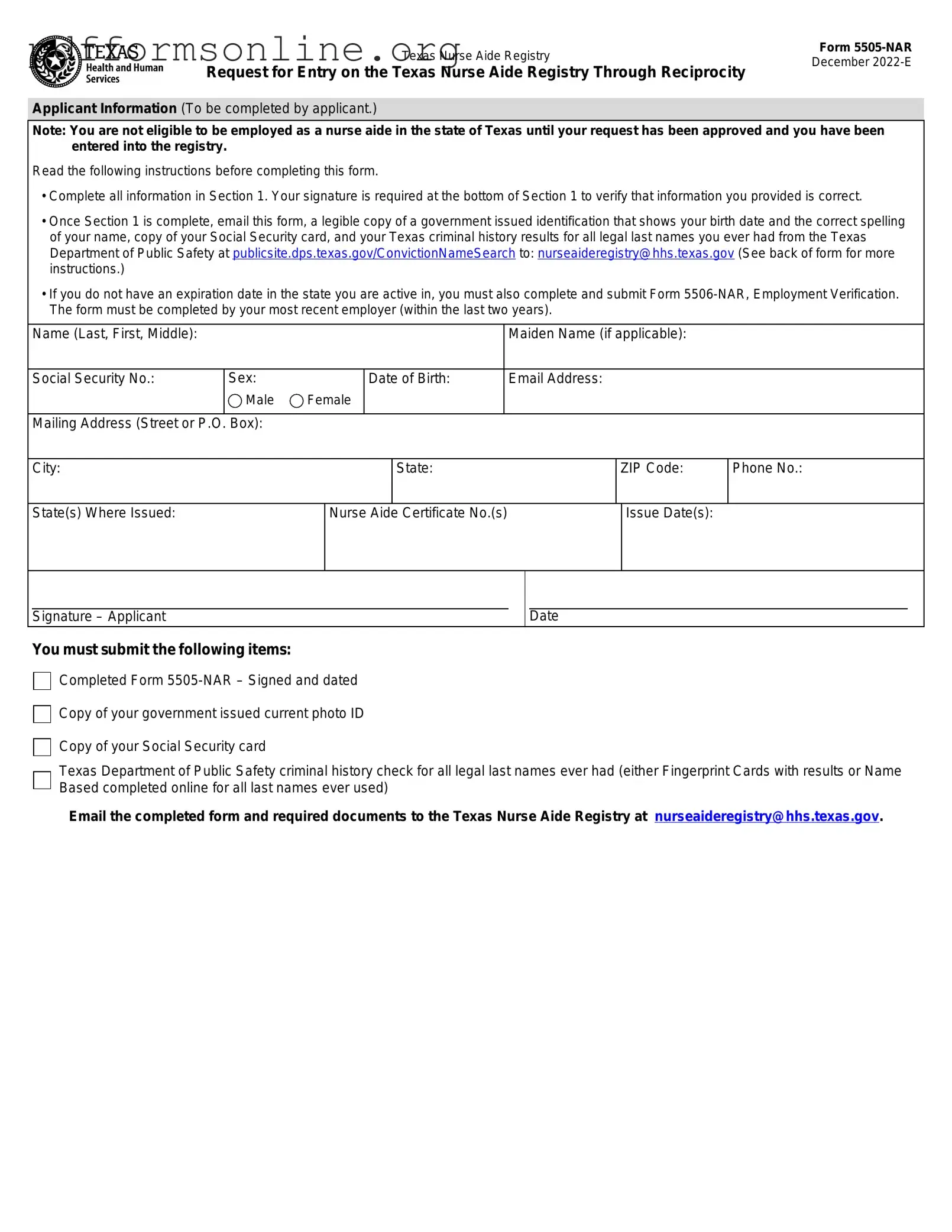 Texas Nurse Aide Registry 5505-NAR Template