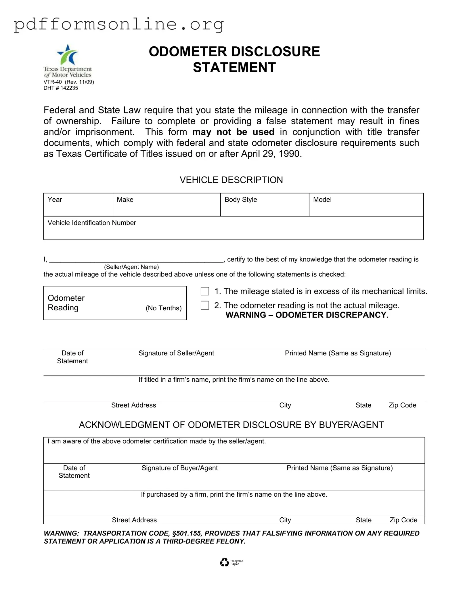 Texas Odometer Statement Template