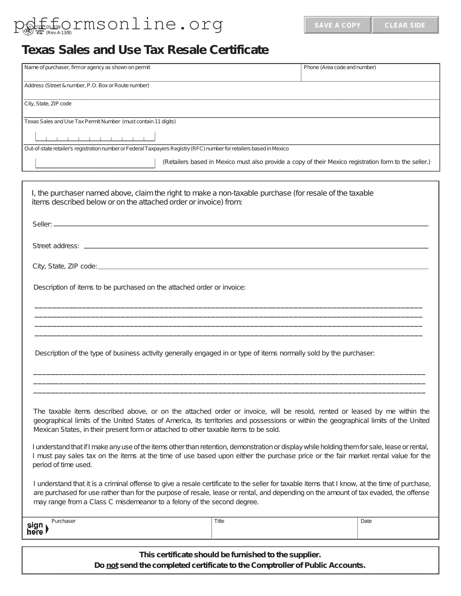Texas Resale Certificate 01 339 Template