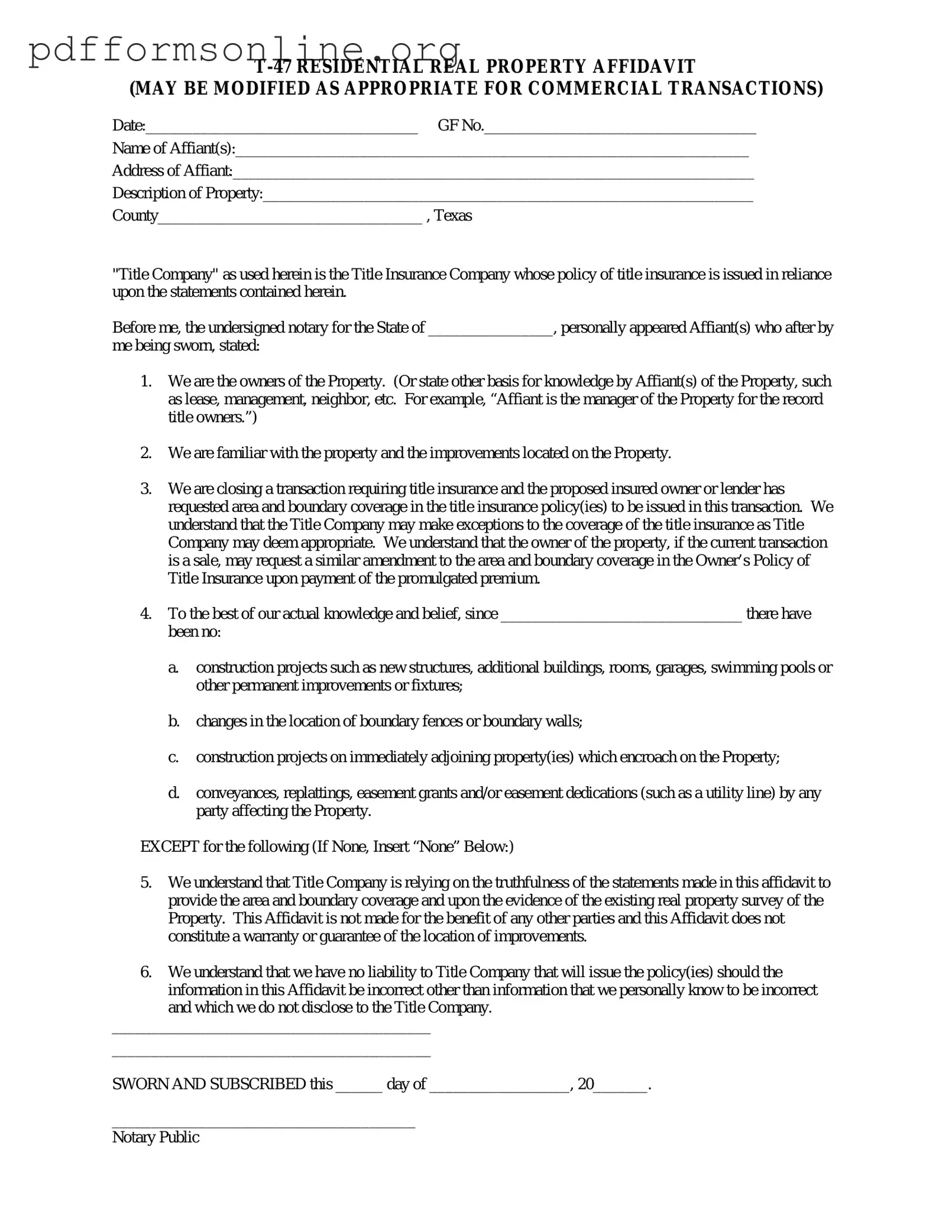 Texas residential property affidavit T-47 Template