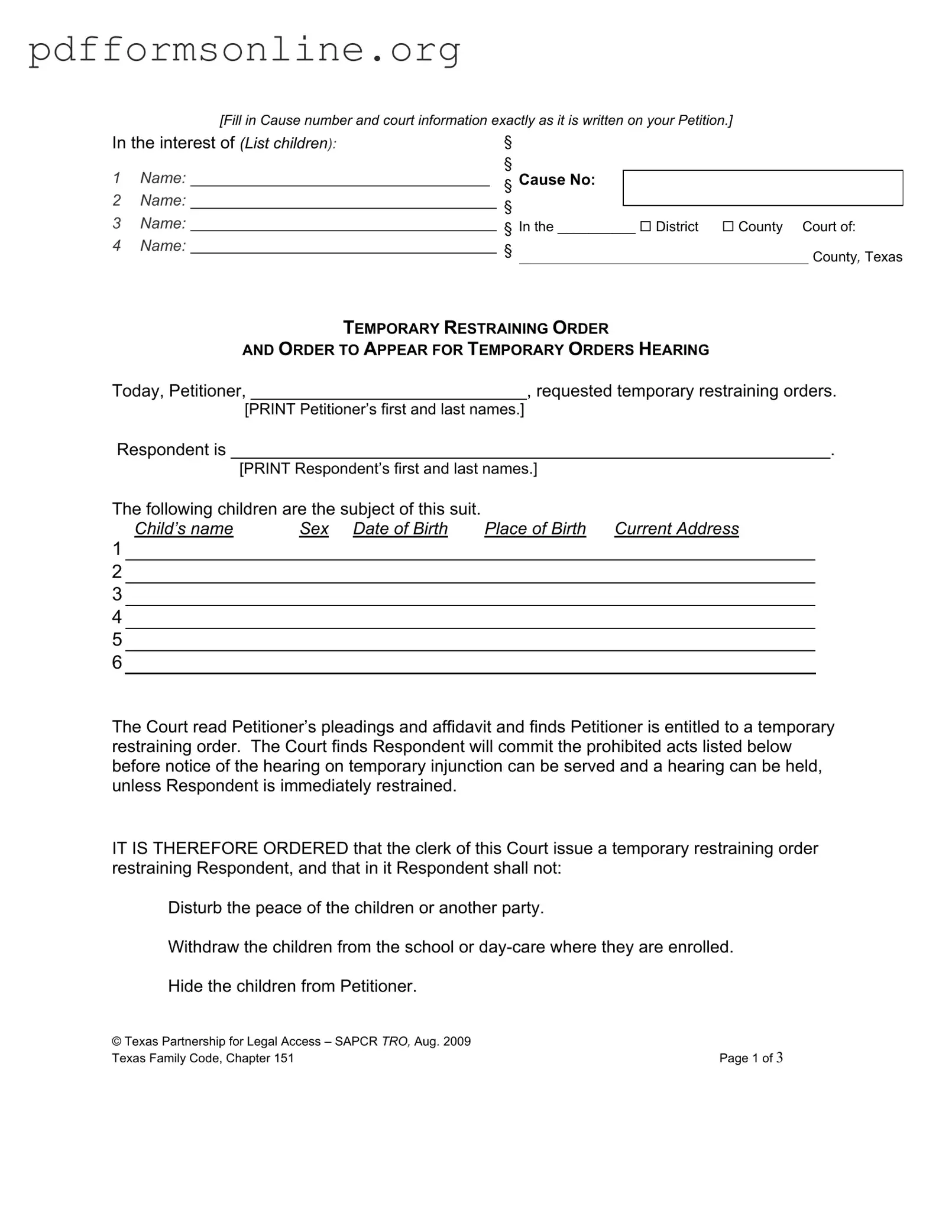 Texas Temporary Restraining Order Template