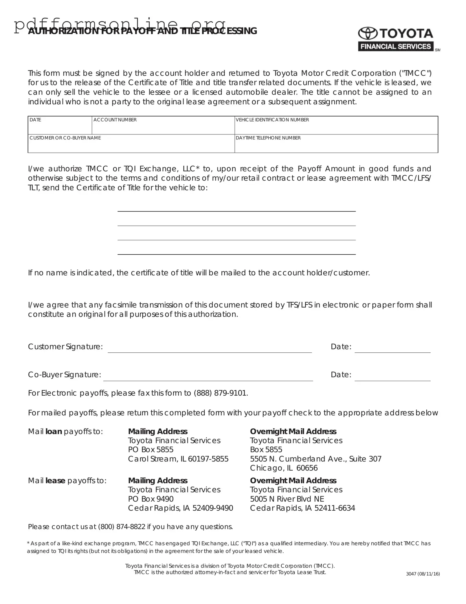 Toyota Finacial Payoff Template