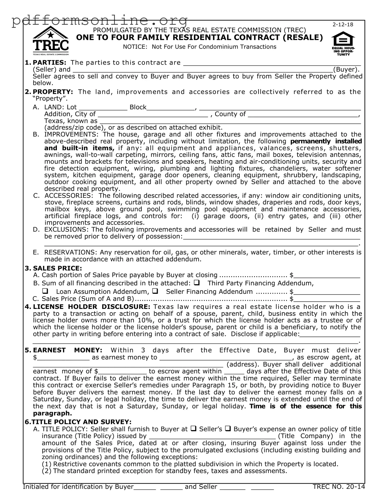 TREC One to four family residential contract Template