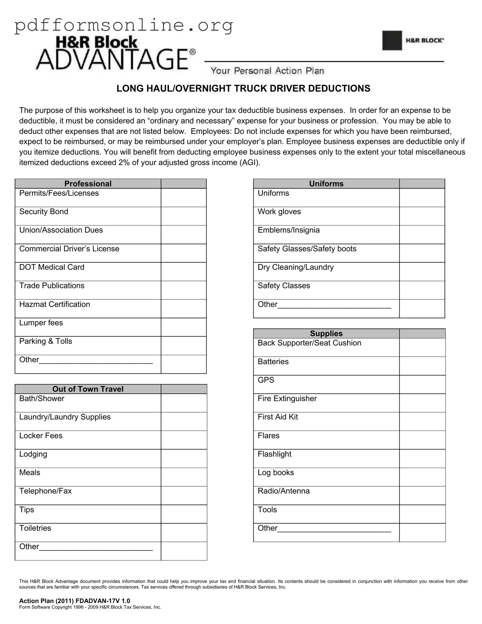 Truck Driver Expenses Worksheet Template