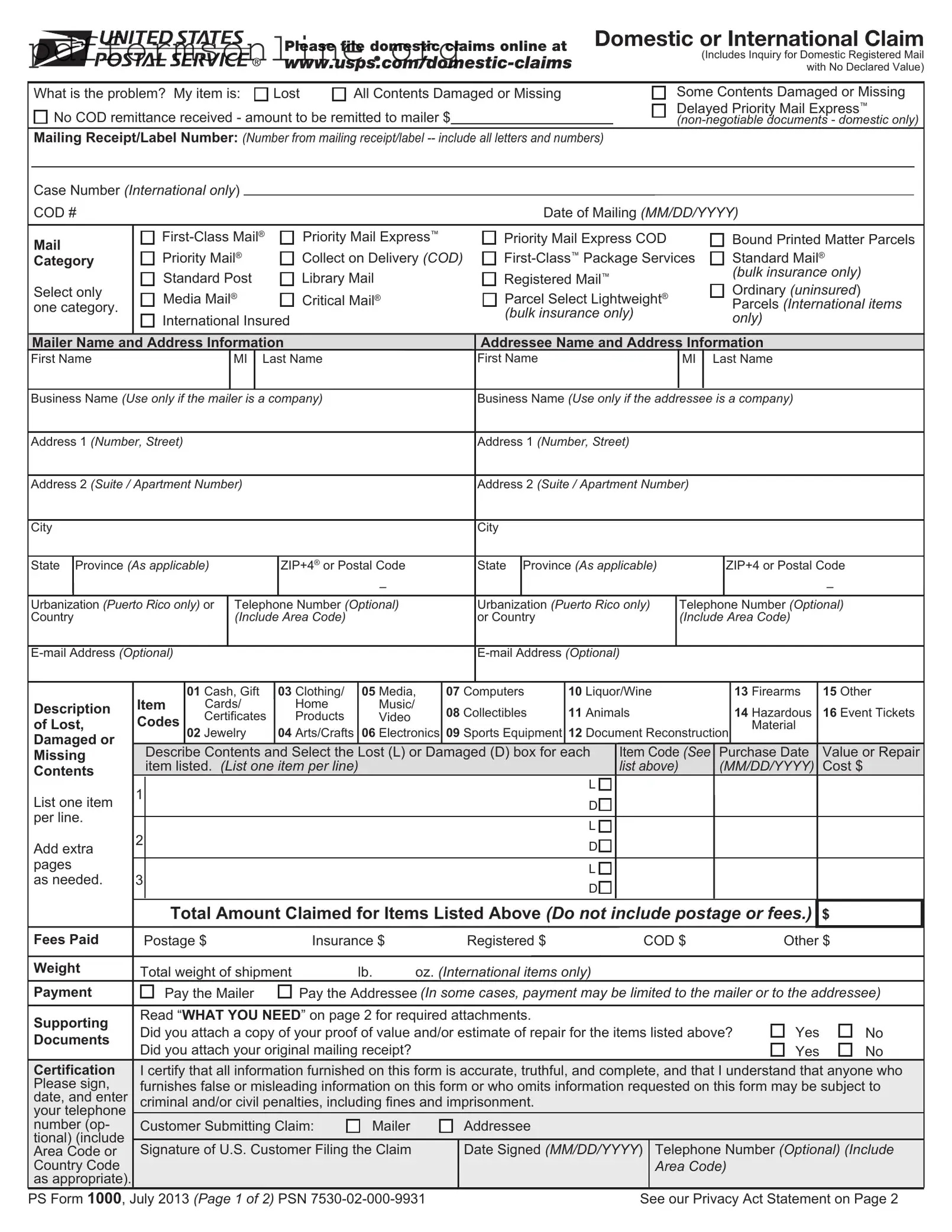 Usps Domestic Claim Template