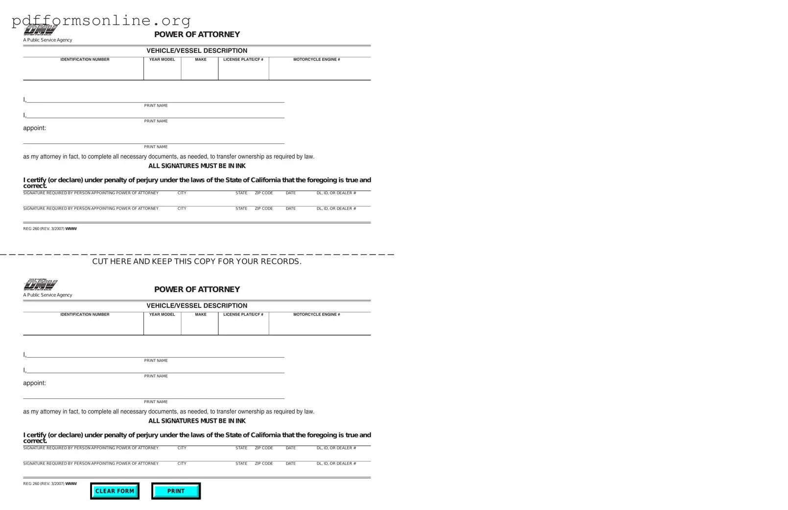 Vehicle POA REG 260 Template