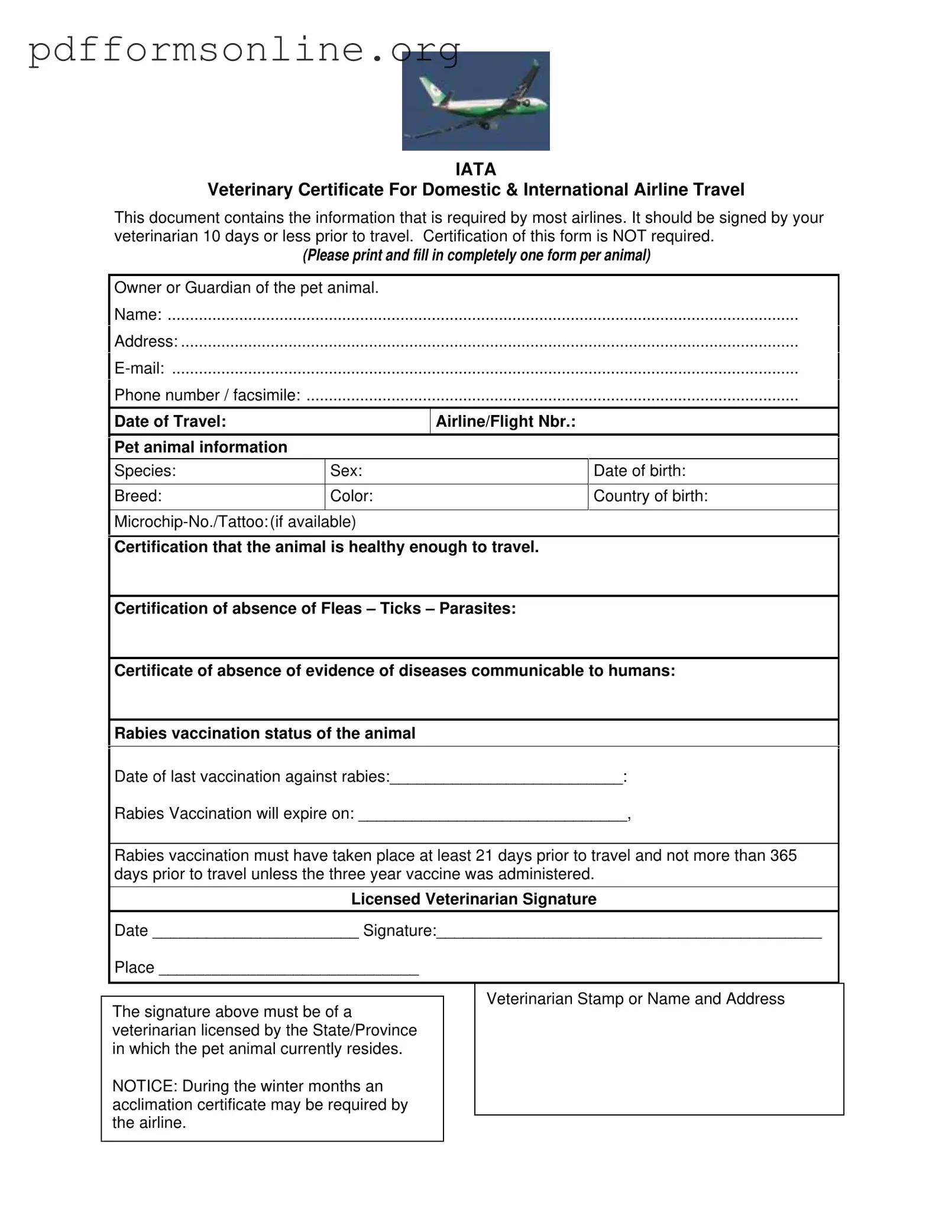 Veterinary Certificate Travel Template