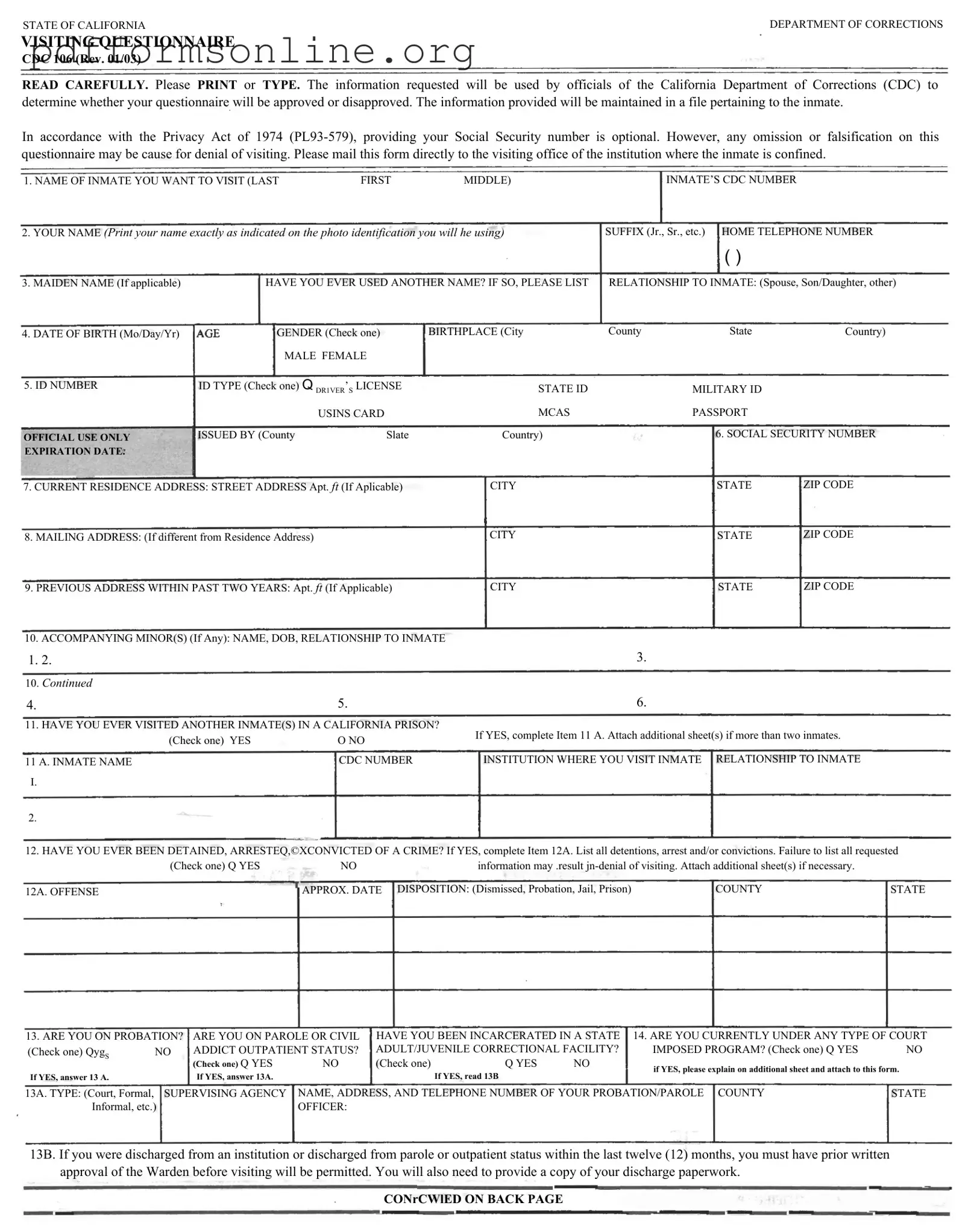 Visiting Questionnaire Template