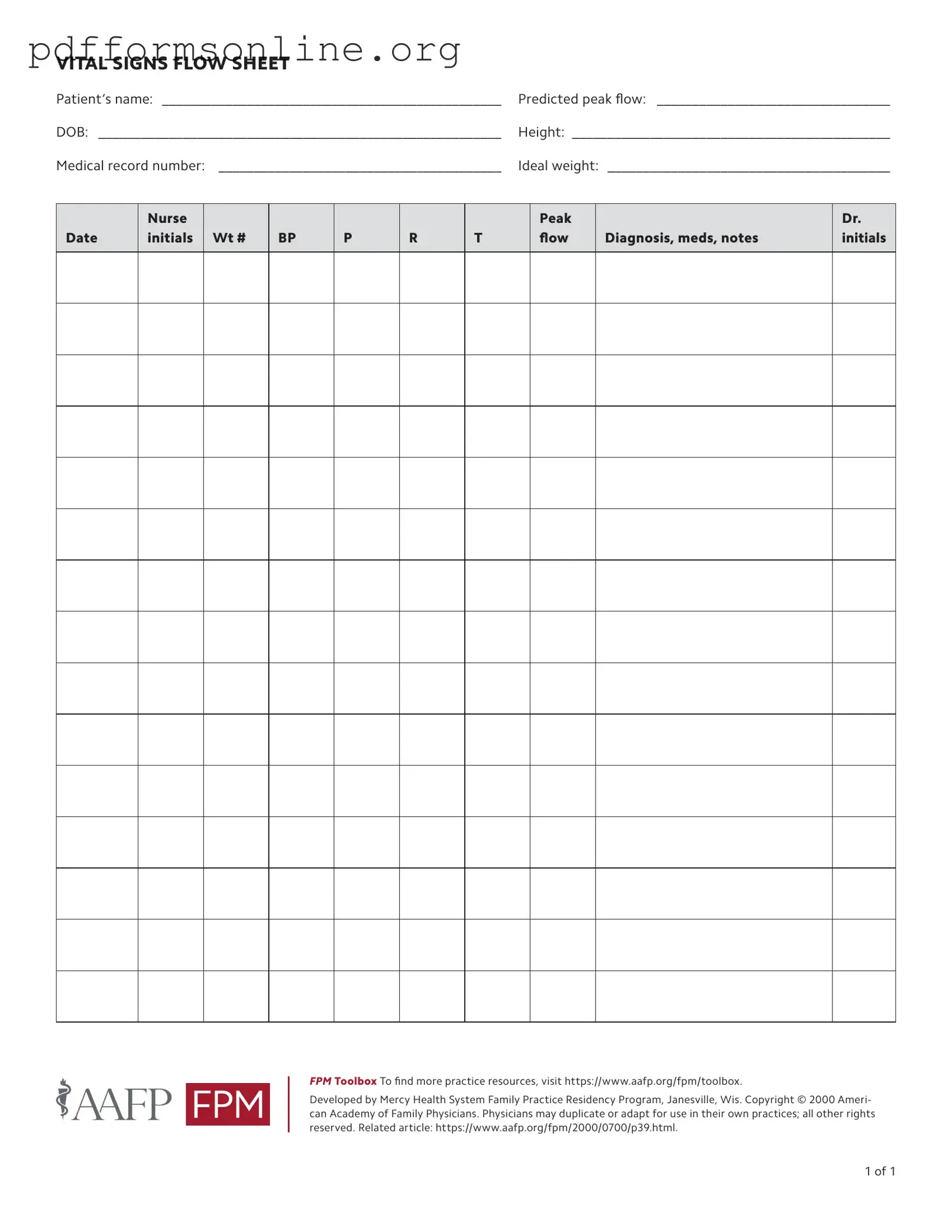 Vital Signs Flow Sheet Template