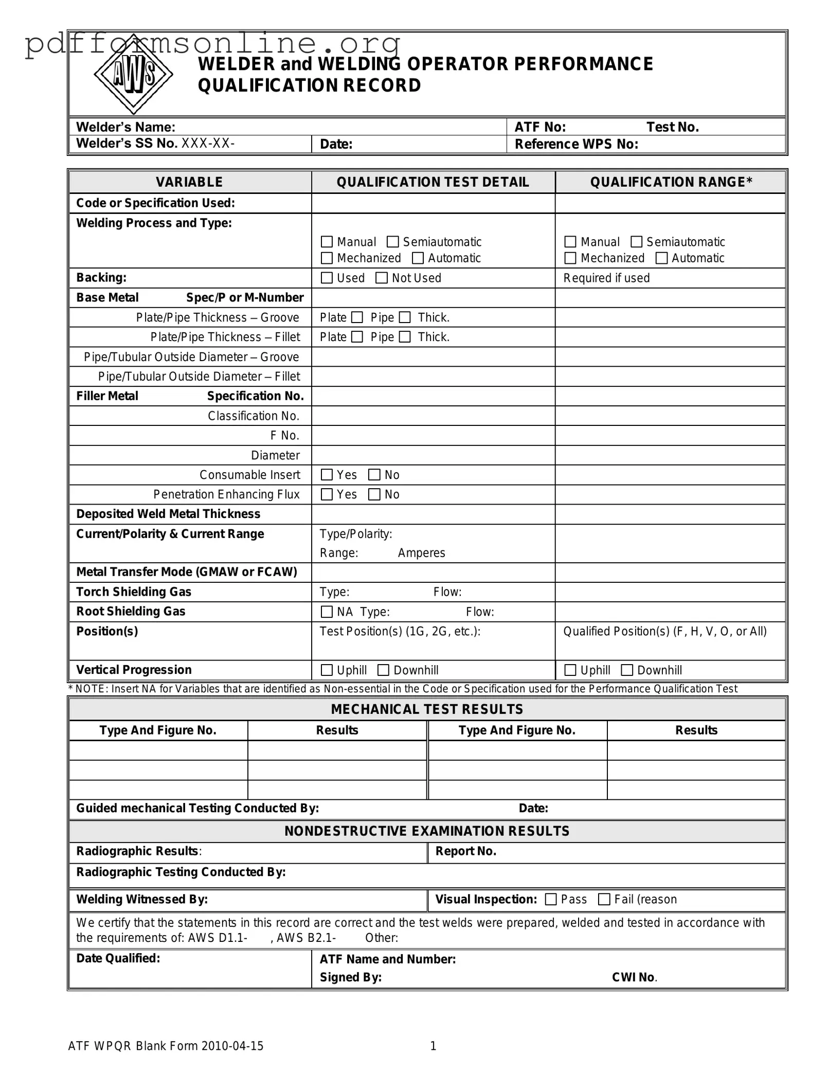 Welder Performance Qualification Record Template