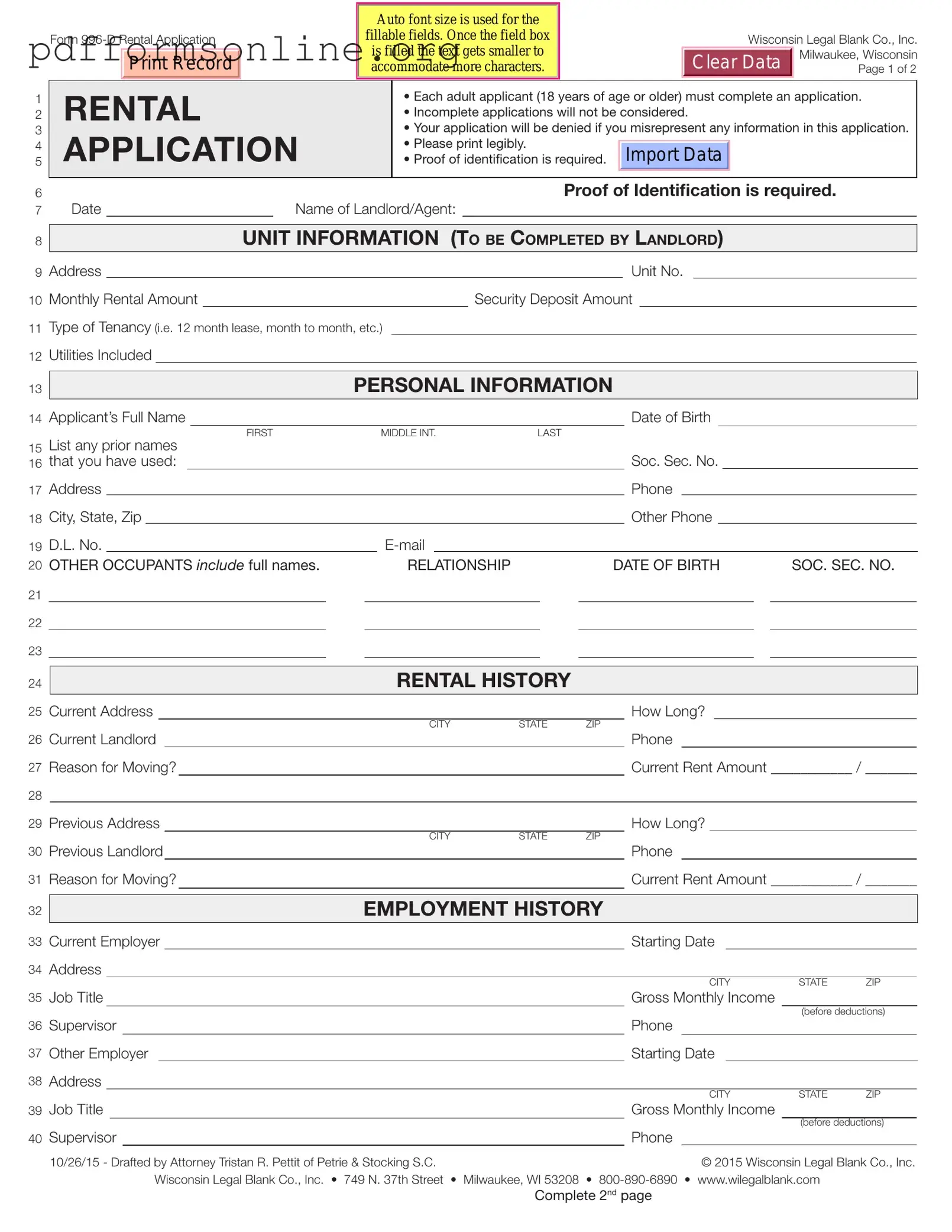 Wisconsin Rental Application Template