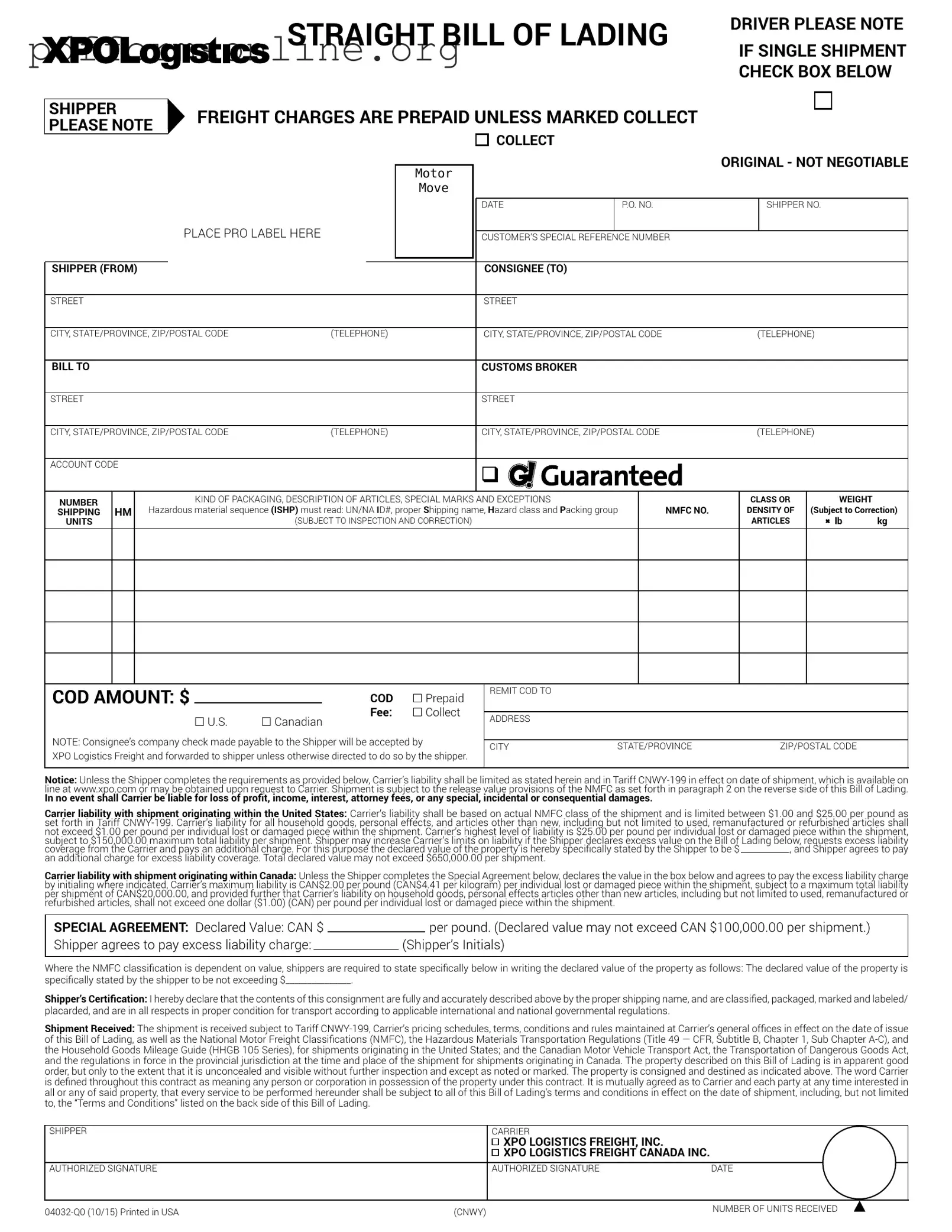 Xpo Logistics Bill Of Lading Template