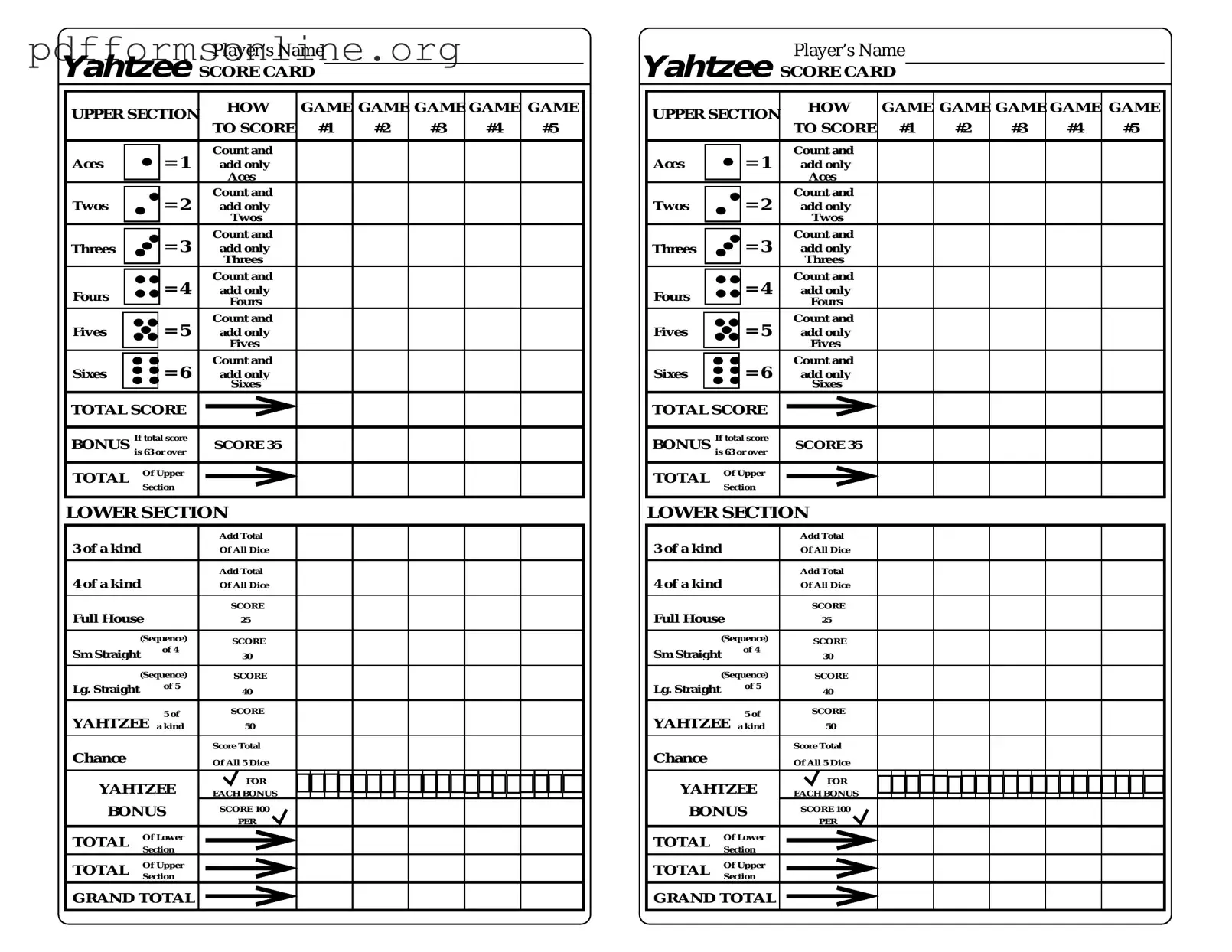 Yahtzee Score Card Template